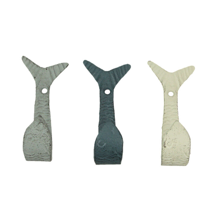 Set of 3 Cast Iron Flipping Fish Wall Hooks 4 Inches Long&ndash; Easy to Hang - Blue ,Gray, White - Coastal Decor Perfection for Beach Towels, Keys or Coats