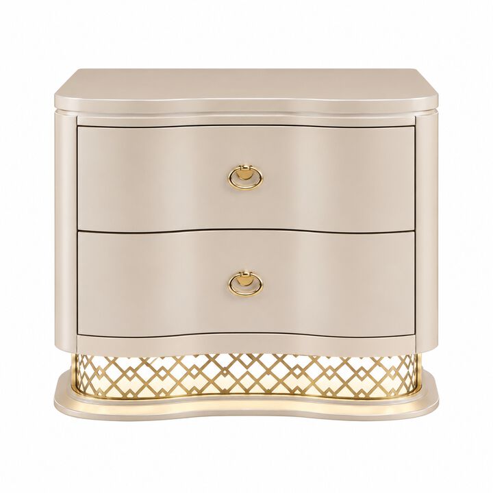 Flora LED Nightstand with 2 Drawers, Curved Design and Ring Pulls