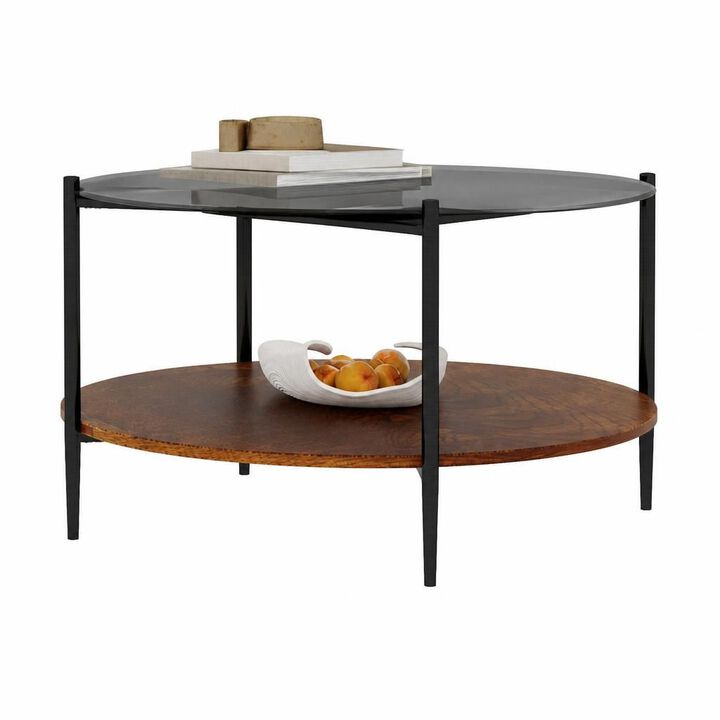 GOODSILO Round Modern Coffee Table with Tempered Glass Top and Solid Wood Storage Shelf, Functional Stylish Living Room Centerpiece