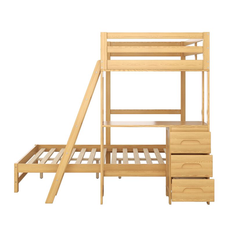 Whisen Morden Design Twin over Full Bunk Bed with Built-in Desk and Three Drawers