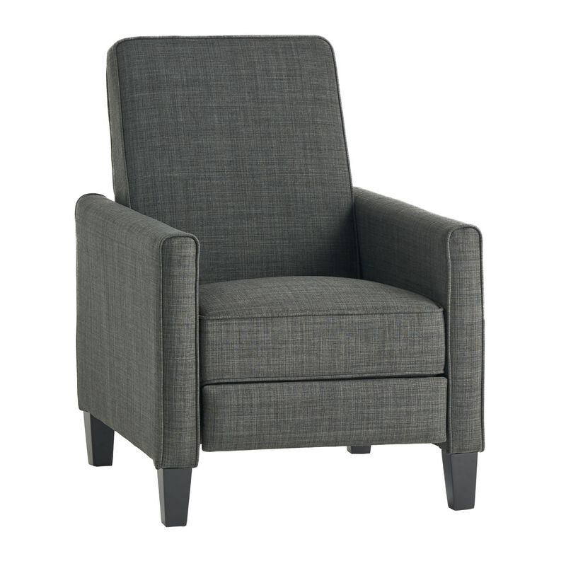 Zuca Pushback Recliner Club Chair, Premium Padded, Black Wood, Gray Linen - Benzara