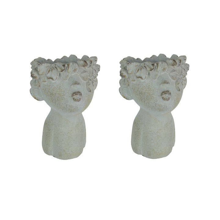 Set Of 2 Pucker Up Junior Kissing Face Weathered Finish Concrete Head Planter
