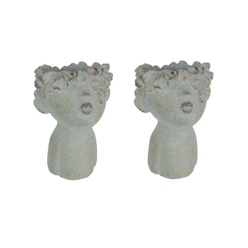 Set Of 2 Pucker Up Junior Kissing Face Weathered Finish Concrete Head Planter image number 0