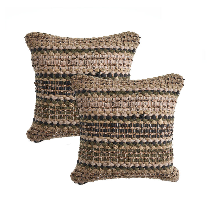 HomeRoots Set of Two 18" Brown and Dark Green Striped Cotton Blend Throw Pillows with Texture