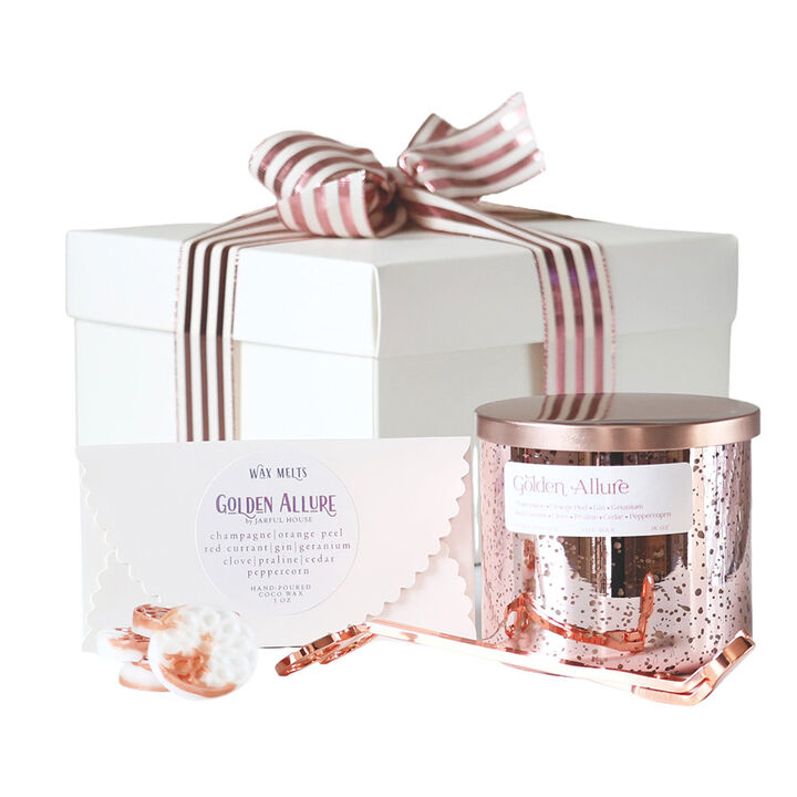 Golden Allure Luxury Candle Gift Set – Elegant Rose-Gold Dessert Candle + Matching Wax Melts