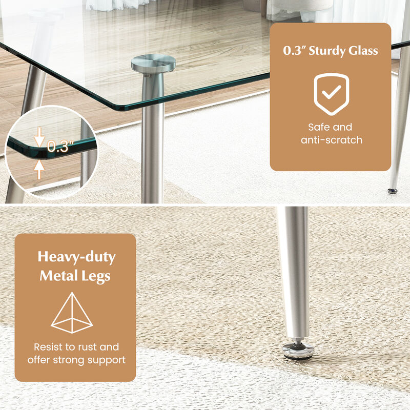 Modern Rectangular Dining Table – Glass Top with Metal Base for Kitchen or Dining Room