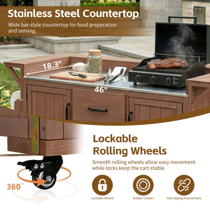Merax Outdoor Kitchen Island with Wheels, Rolling Patio BBQ Kitchen Cart with Stainless Steel Top image number 5