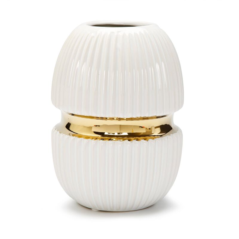 8" White Ceramic Vase Gold Center Design image number 0
