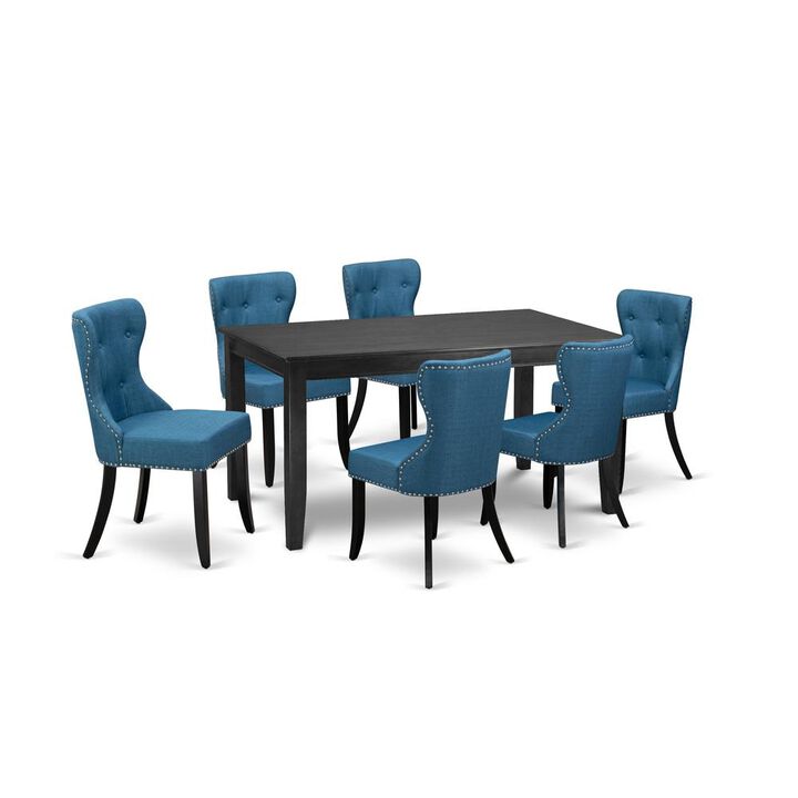 East-West Furniture DUSI7-BLK-21 - A dining table set of 6 fantastic kitchen dining chairs using Linen Fabric Mineral Blue color and a wonderful wooden dining table with Black color