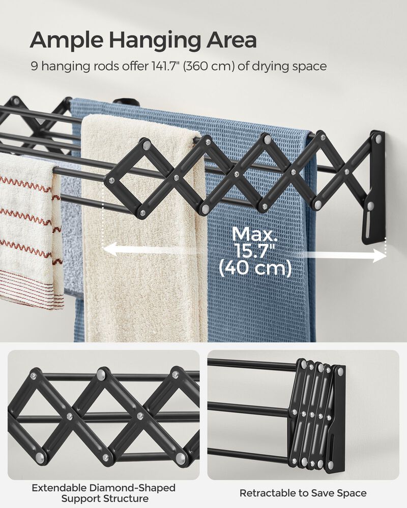 Wall-Mounted Expandable Steel Clothes Drying Rack with 9 Rods