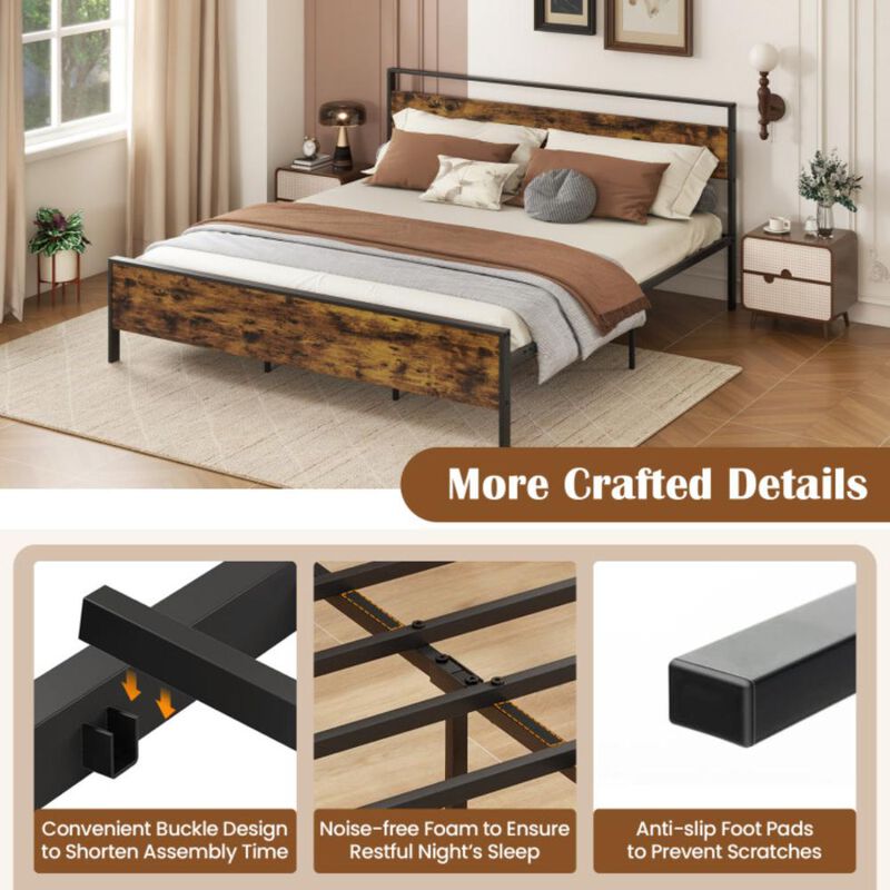 Hivvago Metal Bed Frame Industrial Platform Bed with Wooden Headboard