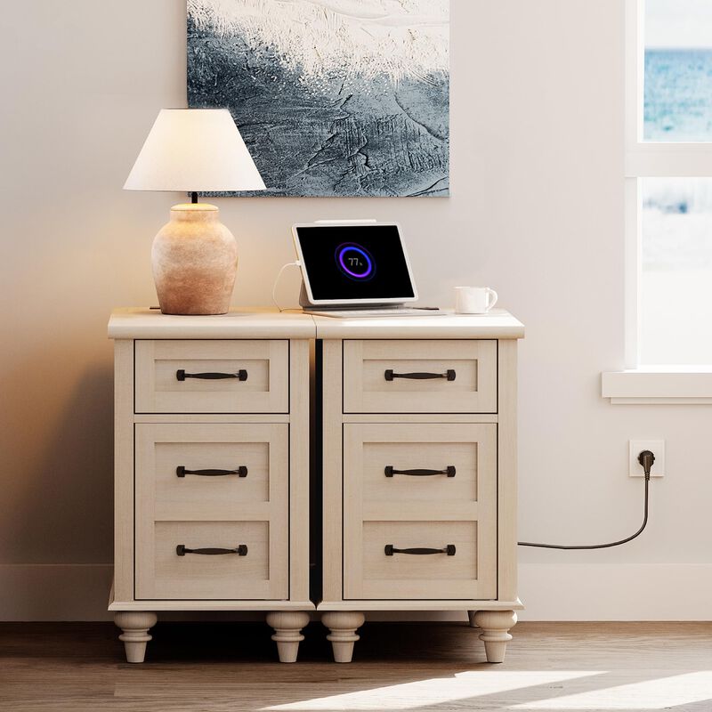 WAMPAT Set of 2 End Tables with Charging Station, Beige Side Table with Storage Cabinet & Drawer, Wooden Nightstands with Power