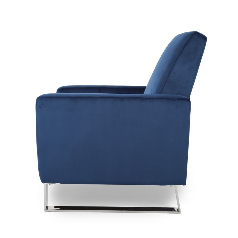 Reki Recliner Chair, Manual Push Back, Stainless Steel, Blue Velvet - Benzara