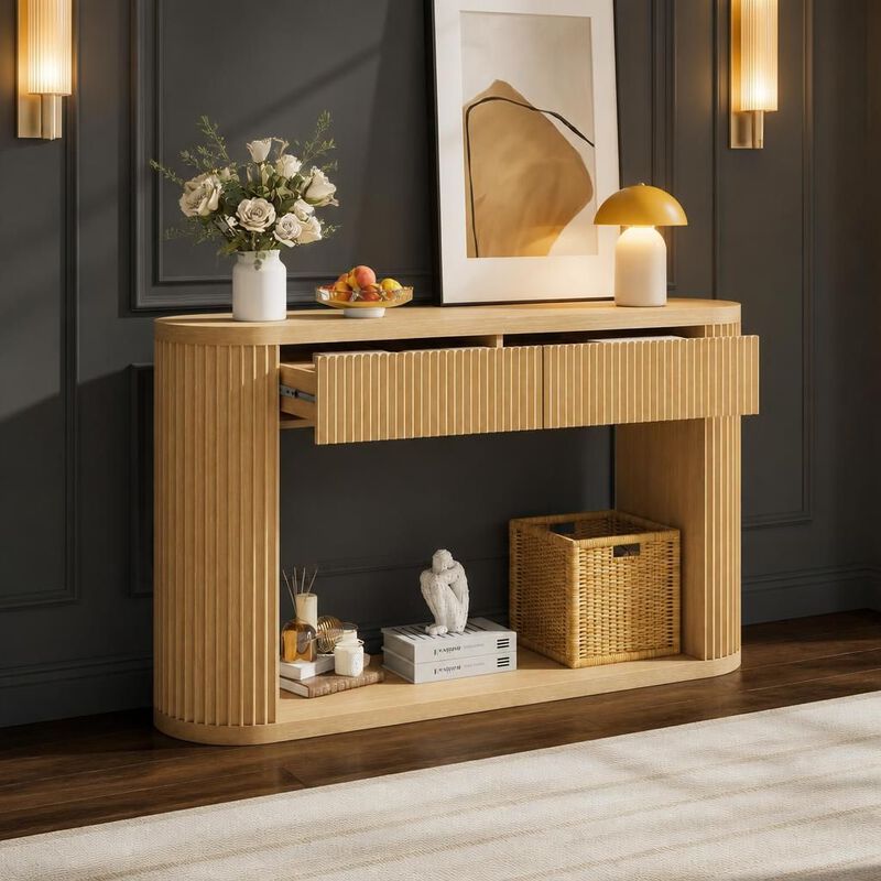 GOODSILO Oval Fluted Console Table with 2 Drawers & Bottom Shelf, Wood Entryway Table with Metal Slides for Living Room Entryway image number 2