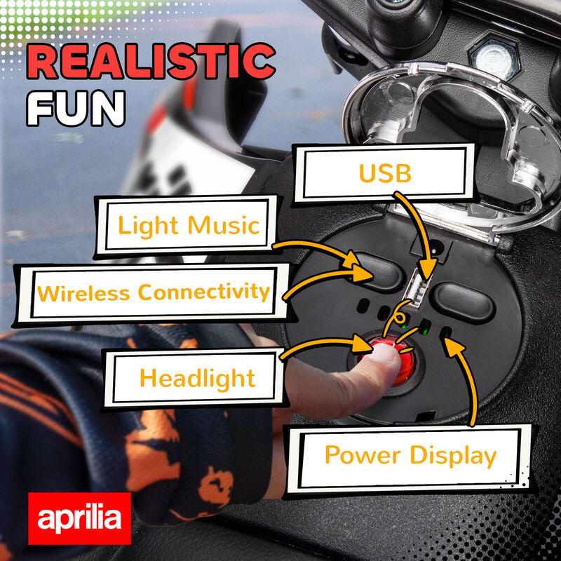 BreeBe 12V Aprilia Licenced Kids Motorcycle with Training Wheels, Spring Suspension, LED Light, USB, Music image number 5