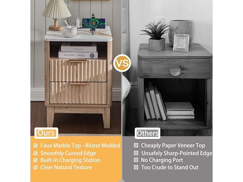 GIAJORYA 2 Drawers Night Stand Fluted Curved Wood End Table for Bedroom image number 4
