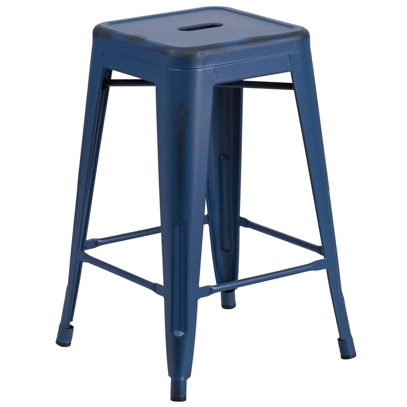 Flash Furniture Commercial Grade 24" High Backless Distressed Antique Blue Metal Indoor-Outdoor Counter Height Stool image number 0