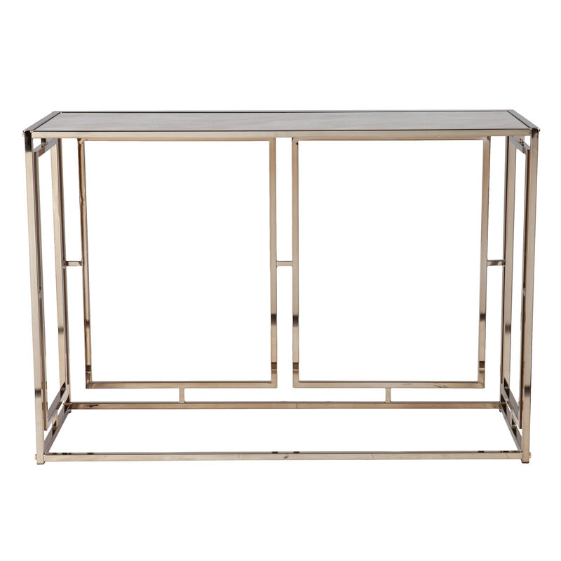 HomeRoots 44" Champagne and Gold Faux Marble and Metal Frame Console Table image number 0