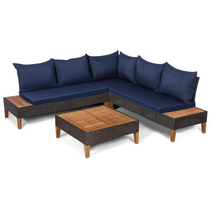 Mondawe 4 Pieces Patio Cushioned Rattan Furniture Set with Wooden Side Table
