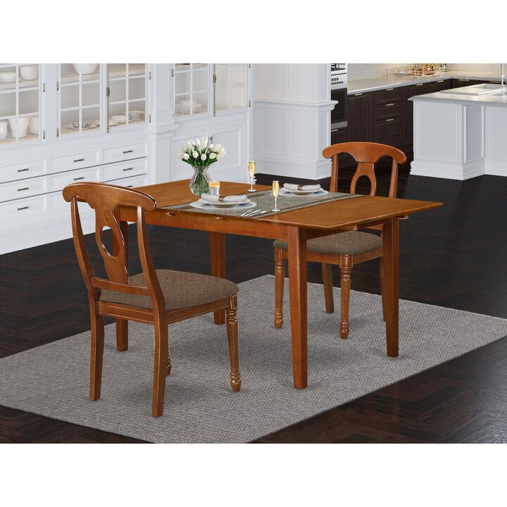 3 Pc Rectangular Kitchen Table having 12in Leaf and 2Fabric Dinette Chairs in Saddle Brown .
