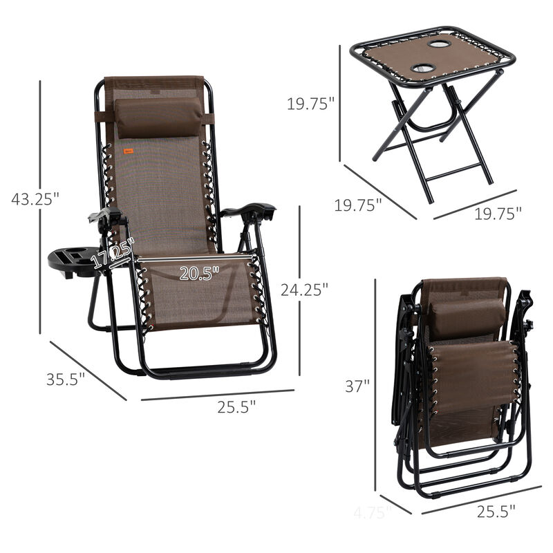 Outsunny Zero Gravity Chair Set with Side Table, Folding Reclining Chair with Cupholders & Pillows, Adjustable Lounge Chair for Pool, Backyard, Lawn, Beach, Brown