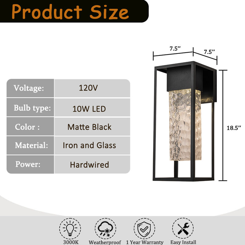 H19" Modern Large Matte Black 10W Integrated LED Wall Sconce with Open Frame and Seeded Glass for Porch Garage Entryway Exterior Lighting image number 5