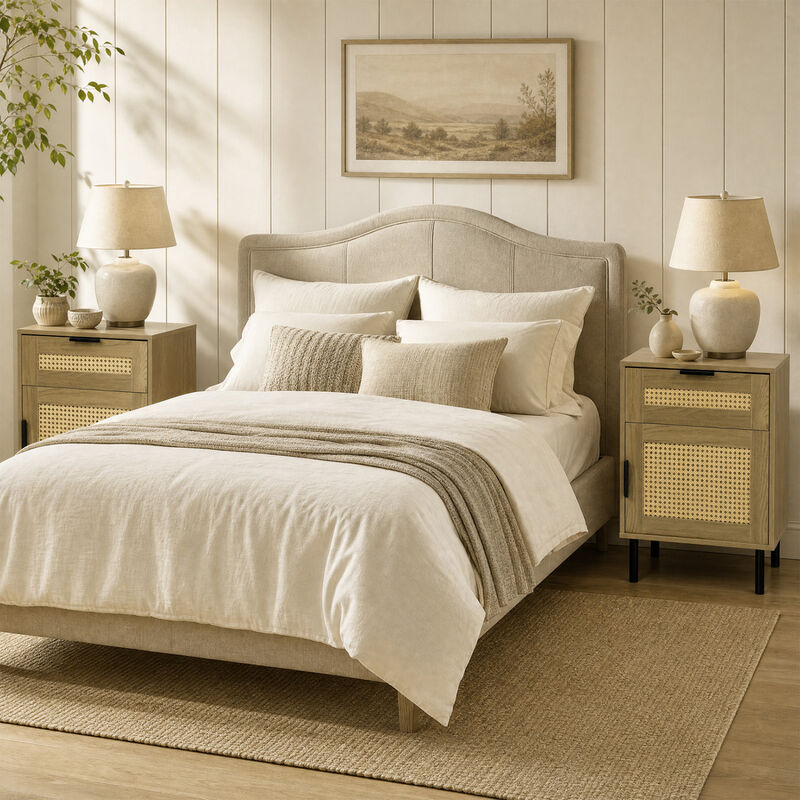 Set of 2 Rattan Nightstands with Drawer and Cabinet for Bedroom and Dorm image number 1