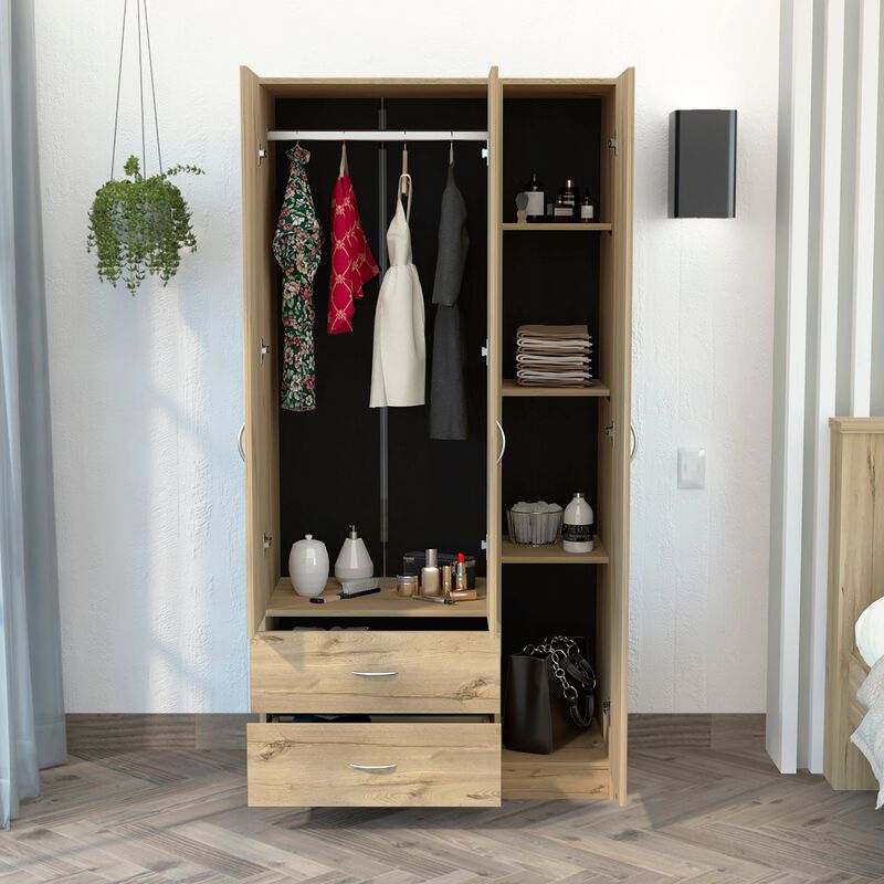 Austral 3 Door Armoire with Drawers, Shelves, and Hanging Rod