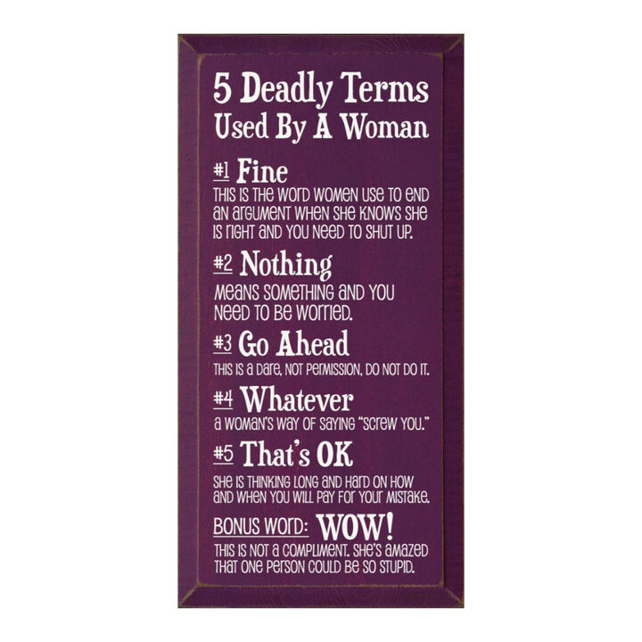 5 Deadly Terms Used by a Woman Funny Wood Sign Wall Decor