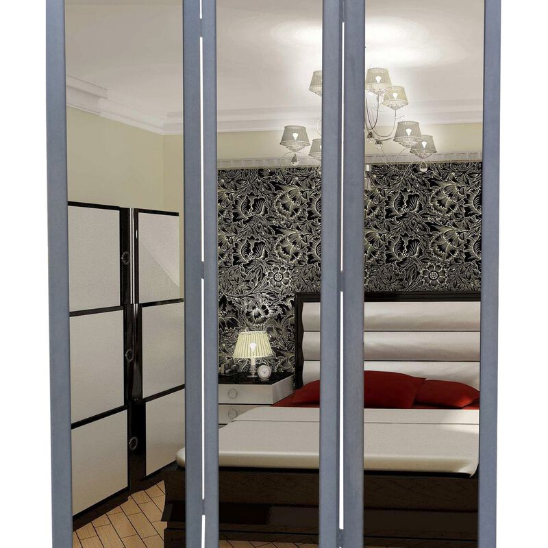 3 Panel Wooden Foldable Mirror Encasing Room Divider,Light Gray and Silver - Benzara