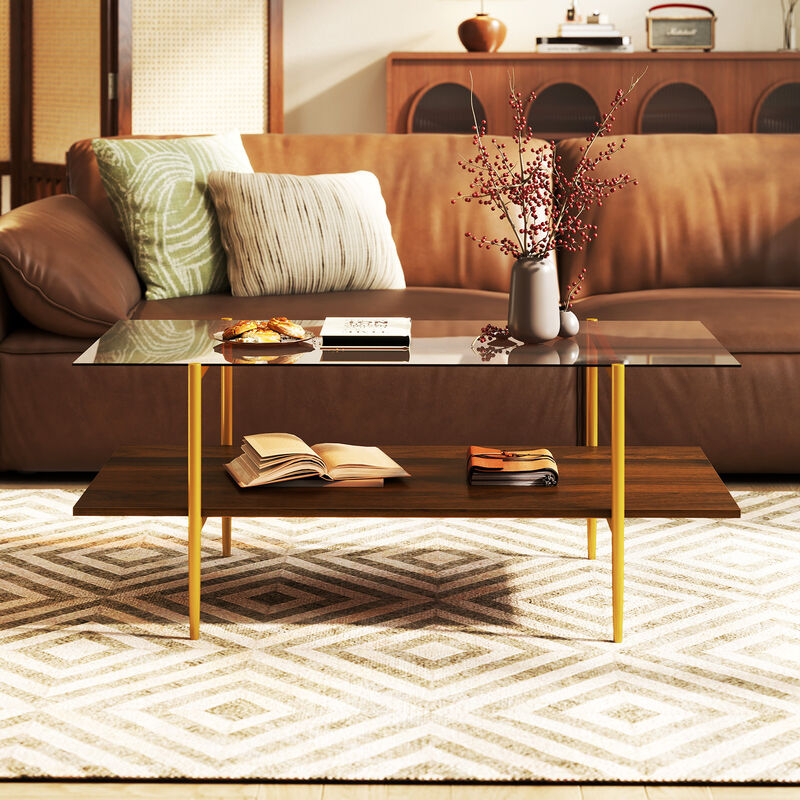 2-Level Glass Coffee Table with Durable Glass Top and Open Display Shelf
