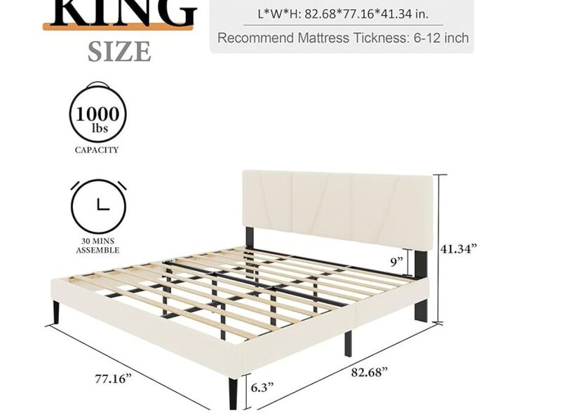 King Size Platform Bed Frame With Upholstered Headboard, Wooden Slats Support, Noise Free, No Box Spring Needed, Easy Assembly, Beige, Velvet