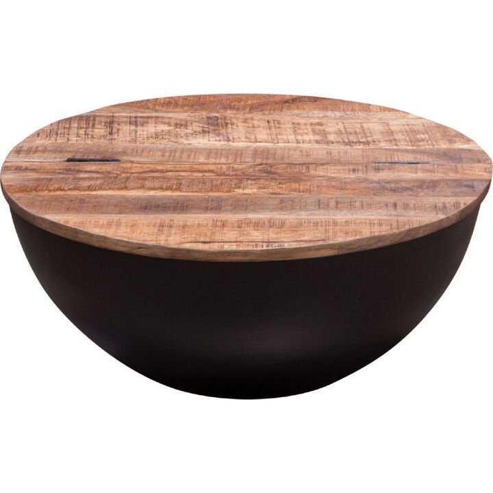 28 Inch Storage Coffee Table, Round Drum Silhouette, Brown Wood, Black Base - Benzara