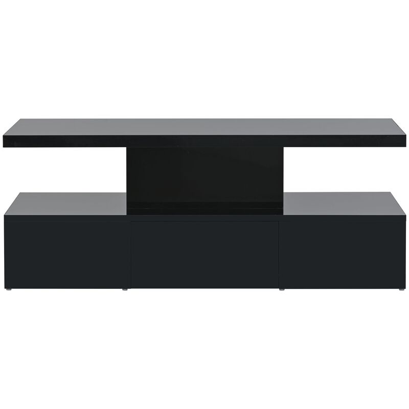 Modern Glossy Coffee Table With Drawer, 2-Tier Center Table, 16-color LED Lighting