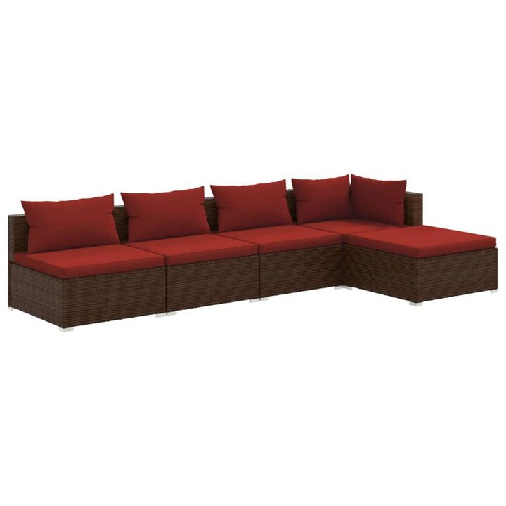 5pc Outdoor Modular Sectional Sofa Set, Red Cushions, Brown Rattan - Benzara