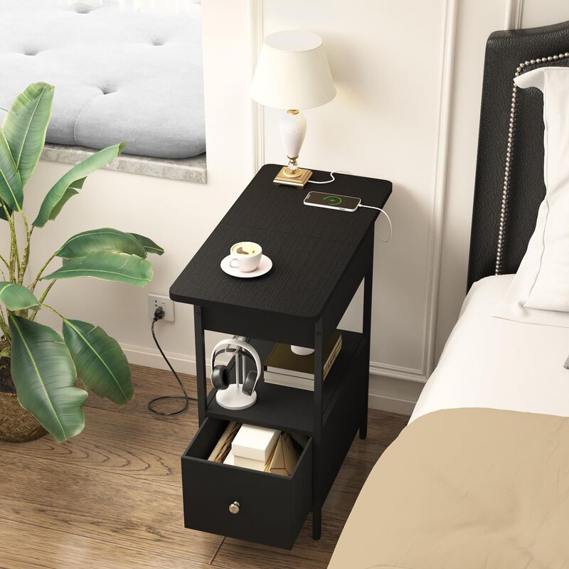 SOOWERY End Table with Charging Station, Narrow Side Table with Flip Top Cabinet and Fabric Drawer, Nightstand Bedside Tables fo