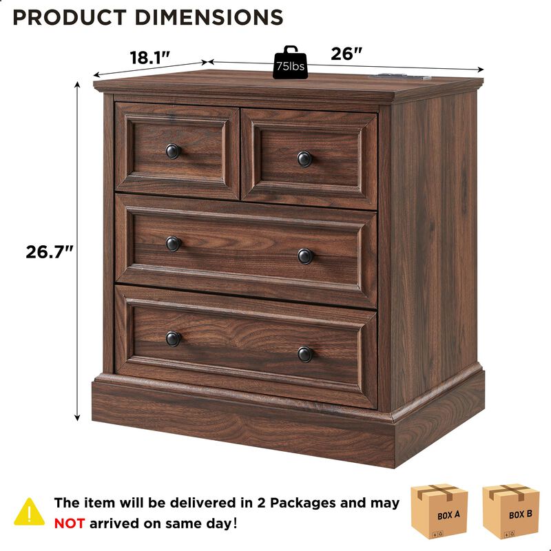 26" Farmhouse Nightstands Set of 2 with Charging Station, 4-Drawer Storage image number 3