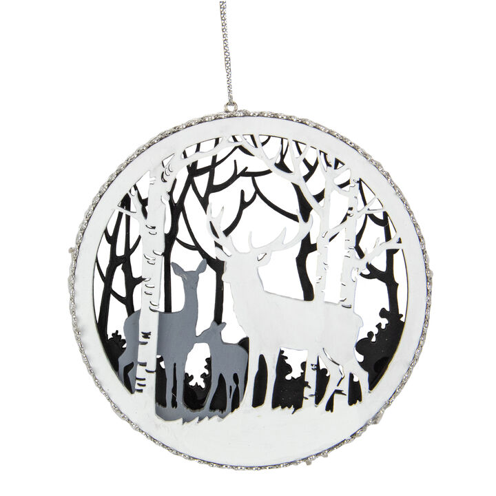 4.25" White and Gray Reindeer with Forest Christmas Disc Ornament