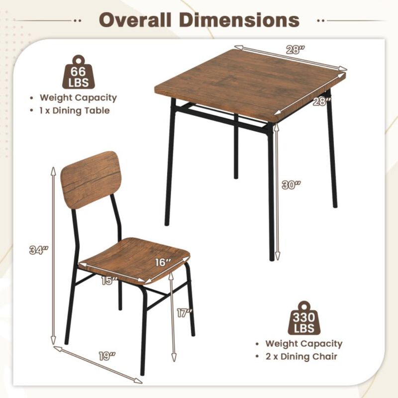 Hivvago 3 Pieces Dining Table Set for 2 Wood Square Table with Metal Frame