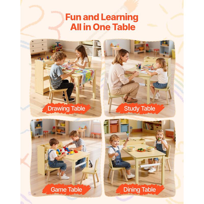 Kids Craft Activity Desk with 2 Chairs and 3-Tier Storage Cabinet-Light Wood image number 5