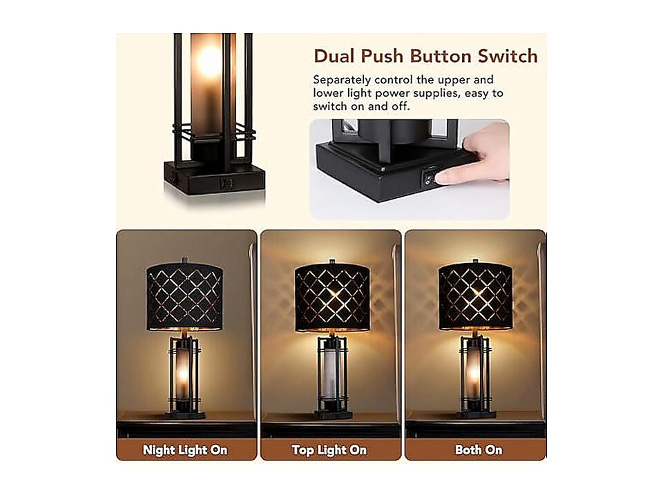 Modern Table Lamp Set 2 Nightstand Lamps Black Grid Shade Bedside USB Charging