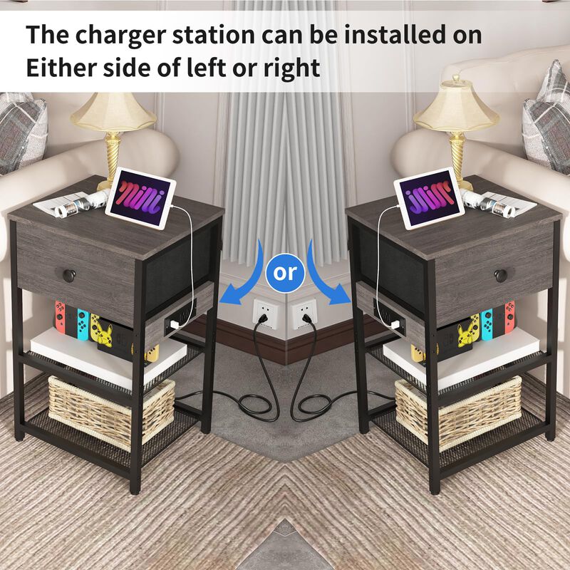LTTDOUK Nightstands Set of 2 with Charging Station, Bedside Tables with Fabric-Wood 2-in-1 Drawer, End Table for Small Spaces, G