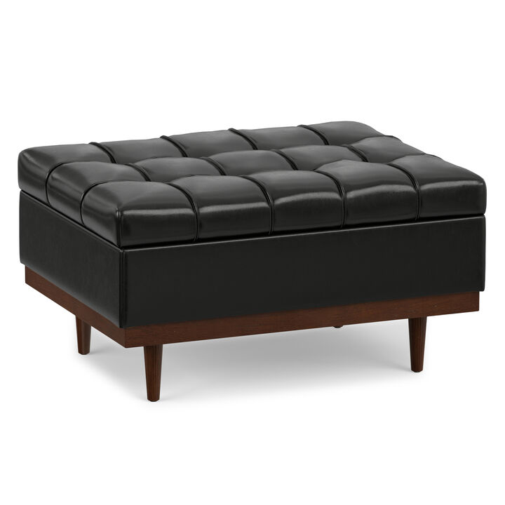 Mariah 34 inch Wide Contemporary Rectangle Coffee Table Storage Ottoman in Midnight Black  PU Black faux leather, Assembled