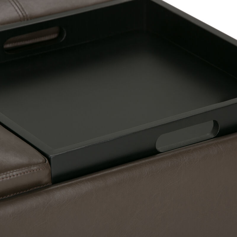 Avalon 35 inch Wide Contemporary Square Coffee Table Storage Ottoman in Chocolate Brown Vegan Faux Leather, Assembled