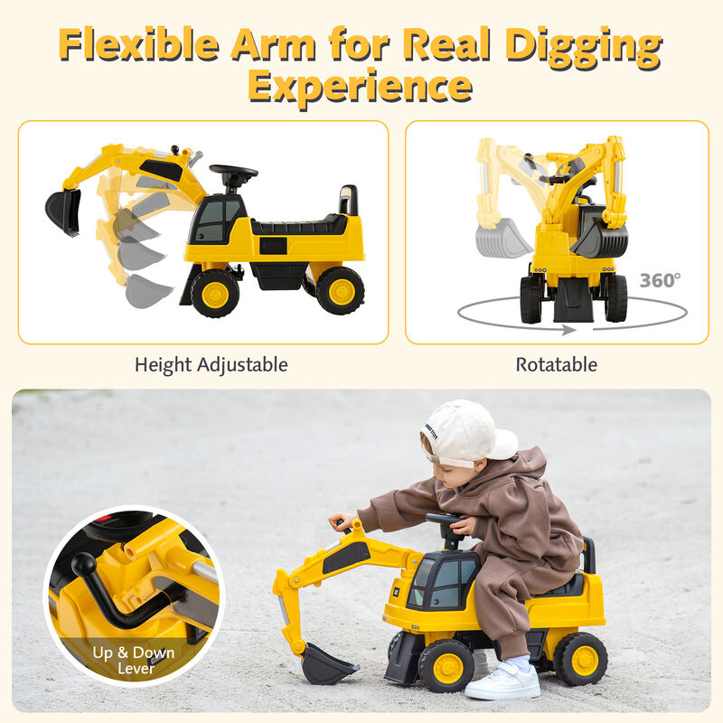 Kids Construction Ride On Digger Toy with Adjustable Arm and Realistic Design-Yellow image number 5