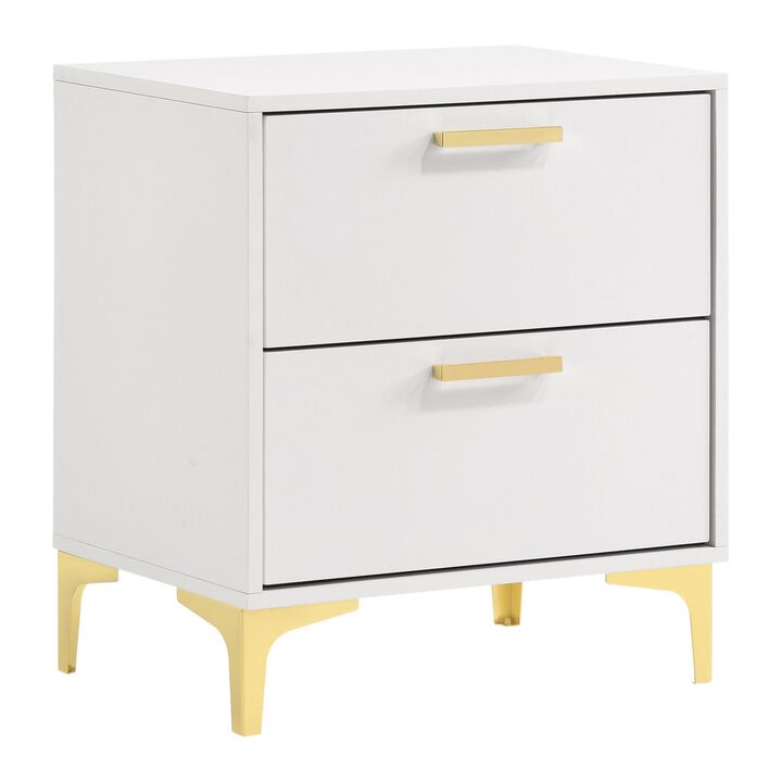 Lif 25 Inch Modern 2 Drawer Nightstand, Gold Metal Accents, Pure White - Benzara