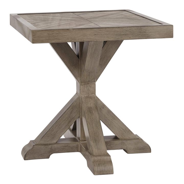 Farmhouse Style Square Aluminum End Table with Cross Pedestal Base, Brown-Benzara