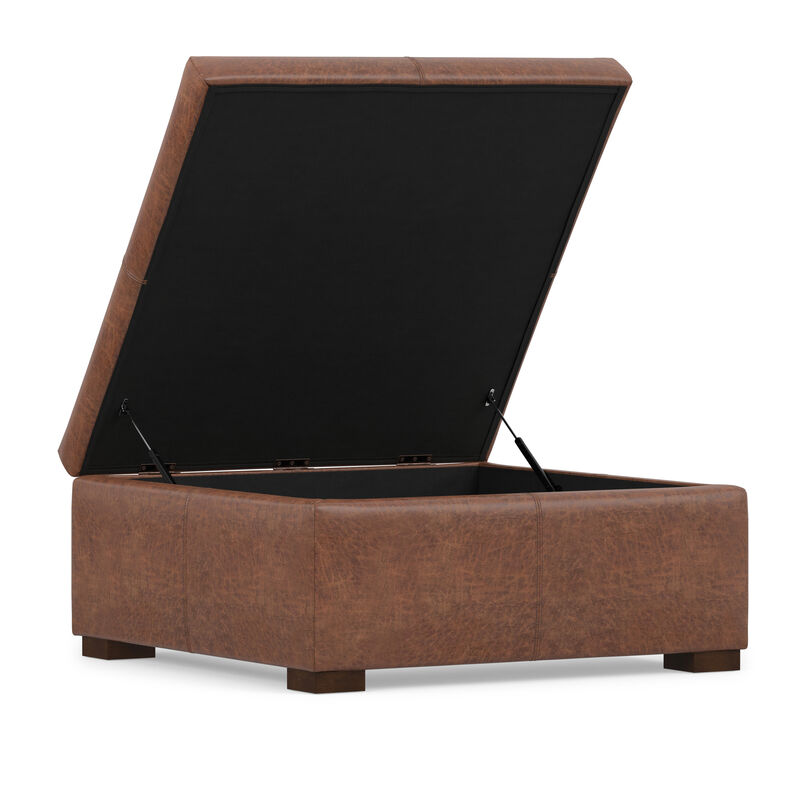 Gabbie 36 inch Wide Contemporary Square Square Coffee&nbsp;Table Storage Ottoman in Distressed Saddle Brown  Vegan Faux Leather, Assembled image number 3