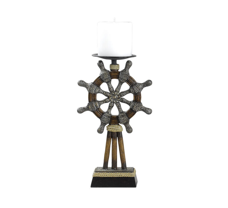 Capi 3pc Candle Holder Set w Candles, Bronze Wheel Shape, Solid Base - Benzara