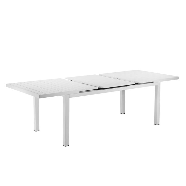 Meta 95 Inch Extendable Dining Table, White Aluminum Frame, Plank Top
